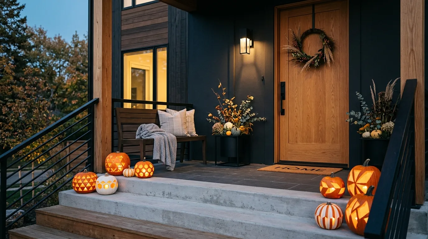Use smaller carved pumpkins to line the steps with rhythm inspiration for a Halloween porch display.